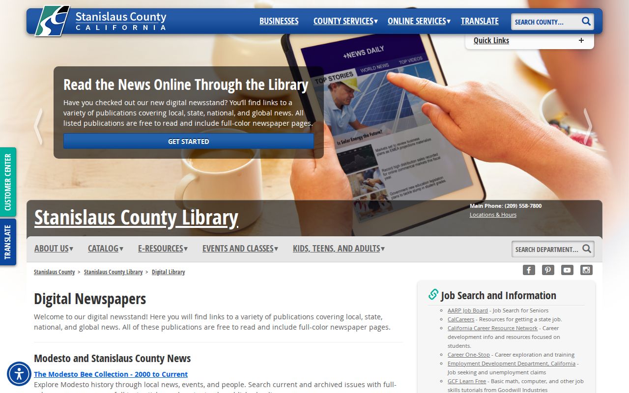 Oakdale city directory view of Modesto Bee digital newspaper access