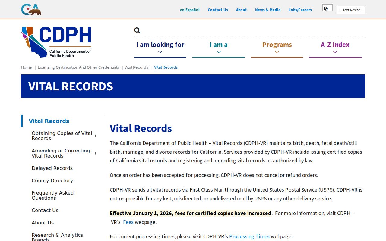 Oakdale residents directory view of California vital record ordering